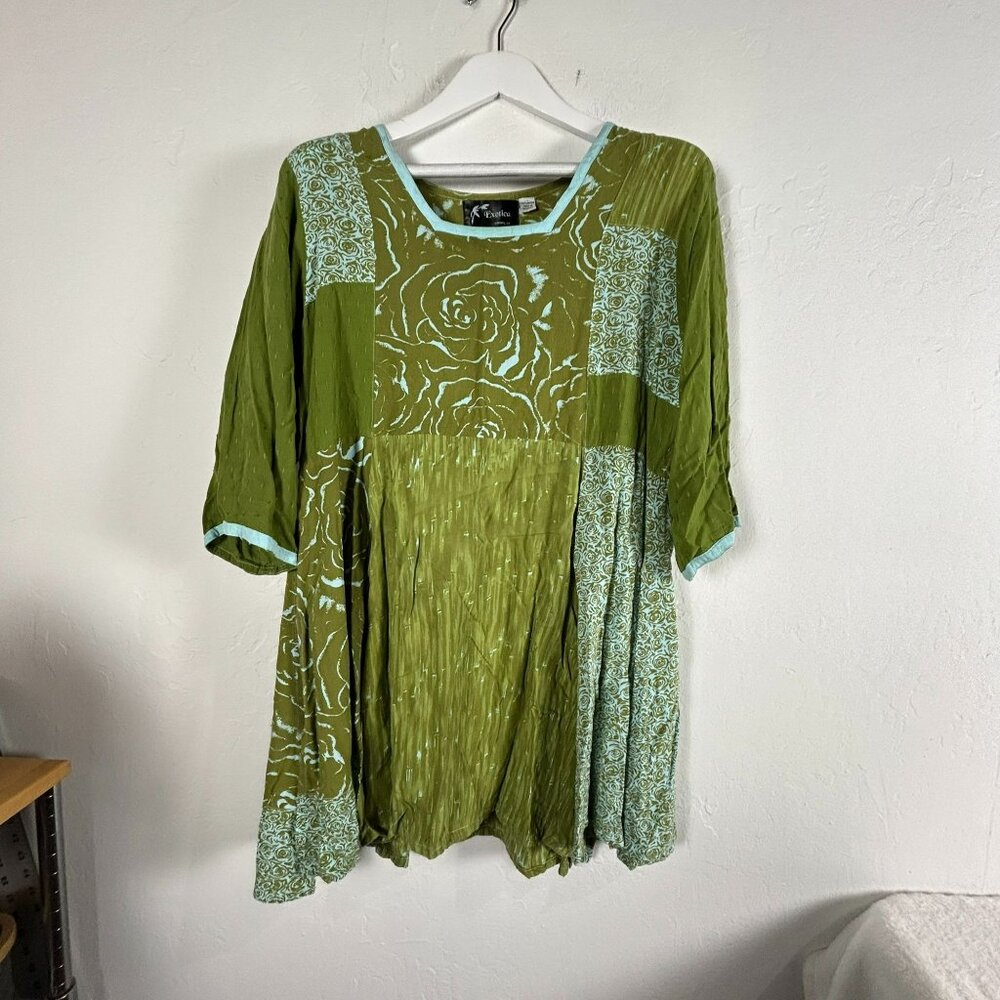 Exotica Women's Floral Square Neck Pullover Short Sleeve Casual Blouse Green